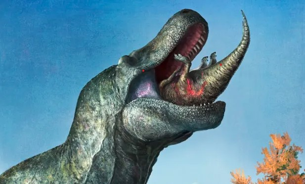 Ảnh minh họa một con Edmontosaurus đang bị một con khủng long bạo chúa có môi nuốt vào miệng. 